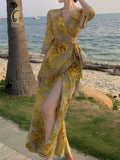 Getadme New Summer Women's Dress Sexy Elegant Floral  V-neck Ruffle Flower French Style Print Fashion Holiday Long Dress for Women
