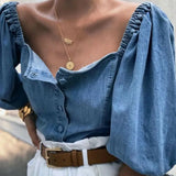 Vintage Women's Button Down Denim Shirts Casual Off Shoulder Half Lantern Sleeve Loose Pullover Top Street Wear Shirts