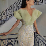 Getadme-Luxury Crystal Beadings Sequined Mermaid Evening Dresses V-Neck Saudi Arabic Prom Dress Wedding Party Gown