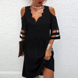 Getadme-Dress Women Elegant V Neck Summer Off Shoulder Lace Mesh Patchwork Mini Dress Female Loose Print Beach Short Dress
