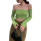 Getadme-Female Crop Tops T-shirts, Solid Color Boat Neck Off Shoulder Sexy Tops Pullover with Long Sleeves for Summer Club Wear
