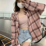 Getadme - Chemisier à carreaux pour femme, style coréen, manches longues, vert et rose, boutons, basique Harajuku, vêtements pour femmes à petits prix