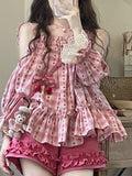 Getadme Pink Japanese Kawaii Two Piece Set Women Summer Sweet Lolita Shorts Suit Female Print Bare Shoulder Blouse + Wide-leg Shorts New