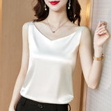 Sleeveless Faux Satin Silk Tank Tops Women Summer Backless Camisole Spaghetti Strap Top Women Halter V Neck Basic White Cami
