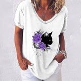 Getadme-Fashion Woman Blouses  T-shirt Women's 3d Cats Print Black Kawaii V-neck T Shirt Female Clothing Oversized Summer Tops Tees