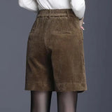 Pantalon taille haute femme, uni, poches, boutons, fente, collection automne/hiver 2023, style coréen, jambes larges, velours côtelé, coupe ample, short décontracté