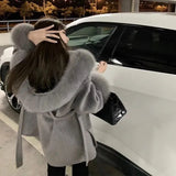 Getadme-Winter New Women'S Thickened Loose Cashmere Wool Coat With Belt Hooded Short Woolen Cloth Leisure Women Hooded Coat