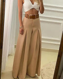 Women High Waist Ruched Wide Leg Pants Without Belt
