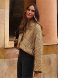 Getadme-Fashion Metal Color Gold Sequin O Neck Jacket Women Loose Stand Collar Long Sleeve Coat 2023 Autumn Winter Street Female Outwear