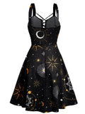 Getadme Summer Sun Moon Star Print Dress Lace Up Grommet Buckle Strap Crisscross High Waisted Fashion Mini Robe For Women
