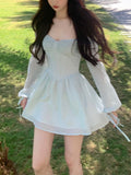 Summer Pure Color Short Party Dress Woman Long Sleeve Sweet Y2k Mini Dress Casual Elegant One Piece Dress Korean Design