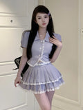 Sweet Small Fragrance Two Piece Set Women Shirt Top + Pleated Cake Skirt Suits Korean Fashion Summer 2 Piece Sets Women Outfit