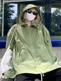 QWEEK Y2K Green Windbreaker Jacket Women Oversized Hip Hop Streetwear Black Waterproof Hooded Coat Harajuku Techwear Outerwear