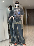 Getadme Y2K Vintage Women Denim Jeans Korean Streetwear Oversize Star Aesthetic Straight Trousers Wide Leg Jeans Grunge Pants Clothes