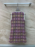 Getadme-Autumn/Winter New Colorful Plaid Chain Gold Button Double Pocket Round Neck Tweed Sleeveless Tank Top midi woman Dress