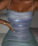 Getadme Spaghetti Strap Sparkly Ruched Dress Women Sexy Sleeveless Bodycon Mini Christmas Dress Female Club Party