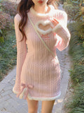 Getadme Pink Korean Lolita Kawaii Dress Women White Japanese Sweet Cute Party Mini Dress Bow Bodycon Elegant Split Dress Winter New