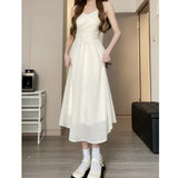 Getadme Women Summer Dress Versatile White Slip Long Short Skirt Models New Fashionable Elegant Korean Casual Commuter Midi Dress