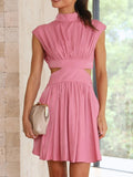 Short Green Dress For Woman Summer A Line Mini Bareback Dresses Females Pleated Solid Sleeveless Sweet Dress Women