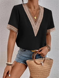 Getadme-Women's V-neck Splicing Lace Blouse Elegant Commuter Loose Short Sleeve Shirt Female 2023 Summer British Style Daily Casual Tops