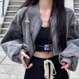 Getadme 2 Y2k Grunge Cross Crop Grey Denim Jackets Women Hippie Streetwear 90s Oversize Zip Jackets Harajuku Kpop Coat Female