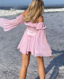 Getadme-Beach Style Vintage Chiffon Dress With Corset Bandage Hollow Out Bustier Prairie Chic Flare Sleeve Dresses 2 Pieces Set