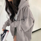 Harajuku Zip Up Hoodie Women Retro Long Sleeve Oversized Solid Color  Hoodies Autumn Korean Style Pocket Drawstring Sweatshirt