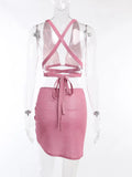 여름 코르스 붕대 로우 컷 탑과 스커트 투피스 세트 여성 2022 글리터 섹시 클럽 의상 여성 핑크 의류 2피스