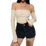 Getadme-Female Crop Tops T-shirts, Solid Color Boat Neck Off Shoulder Sexy Tops Pullover with Long Sleeves for Summer Club Wear