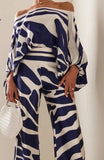 Getadme-Chic Print Lantern Sleeve Satin Top Wide Leg Pant Suit Women Sexy Off Shoulder Long Sleeve 2 Piece Set Casual Office Lady Outfit