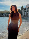Getadme-Women's Breathable Bodycon Maxi Dress Sleeveless Round Neck Gradient Print Ruched Tank Women's Clothing Dresses Beachwear