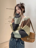 Getadme-Autumn Winter Vintage Fashion Striped Jumper Woman Long Sleeve Loose Jerseys Cropped Sweaters Thick Basic Tops Knitwear New