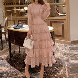 New Pink Lace Woman Dresses 2023 Autumn Long-sleeve Floral Embroidery Elegant Party Maxi Dress Woman Bud Bodycon