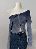 Getadme-Autumn Winter Woman 90s Vintage Gyaru Slash Neck Cardigan Full Zip Sweater Knitwears Long Sleeve Design Crop Tops Y2k Streetwear