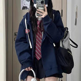 QWEEK Vintage Y2k Zip Up Hoodie Women Korean Preppy Style Oversize Sweatshirt Harajuku Streetwear Hoodies Autumn Coat for Girls