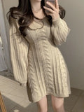 QWEEK 2023 Autumn Winter Knit Knitted Sweater Dress Women Vintage Casual Solid Slim Wrap Long Sleeve Mini Short Dresses Party