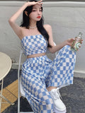 Getadme-New Summer Fashion Casual Plaid 2 Piece Set Women Strapless Crop Top + Wide Leg Pants Suits Female Sexy Outfits For Woman