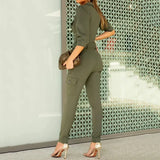 LIYONG Women Jumpsuit Fashion V Neck High Waist Short Sleeve Solid Tight Fitting Cargo Pant Romper High Streetwear Contains Belt