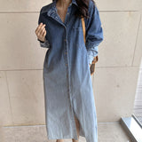 Korean chic French minority lapel gradual halo dye design single breasted loose long sleeve denim dress