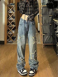 Getadme American Retro Jeans Five-point Star Raw Edge Splicing Loose Wide-leg Jeans Women Look Thin Trendy All-match Mopping Pants Women