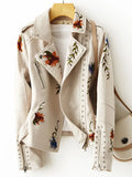 Getadme- New Women Retro Floral Print Embroidery Faux Soft Leather Jacket Coat Turndown Collar Pu Moto Biker Black Punk Outerwear