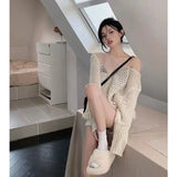 Getadme-New Summer Korean Style Hollow-out Long-Sleeved Sweater Women's Autumn Loose Sexy Top Pullover Shirt Sweater