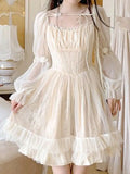 Getadme Lolita Kawaii Princess Dress Women Spring Summer Casual Long Sleeve Short Dress Japanese Square Collar Ruffles Pleated Dresses
