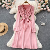 Ruffled A-line Dress Autumn V-Neck Pleated Knit Midi Long Dresses for Women Long Sleeve Elegant Pink Knitted Dress Robe Femme