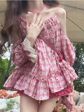 Getadme Pink Japanese Kawaii Two Piece Set Women Summer Sweet Lolita Shorts Suit Female Print Bare Shoulder Blouse + Wide-leg Shorts New