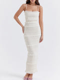 Women Sling Long Dress, Sleeveless Off Shoulder Solid Color Ruffle Party Club Summer Spring Dress