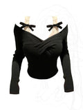 Getadme-Fashion Simple Slash Neck Knitted Sweater Bow Fake Two Pieces Long Sleeve Slim Pullovers Black Chic Gothic Clubwear Streetwear