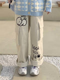 Getadme Harajuku Kawaii White Corduroy Pants Sweet Cartoon Embroidery Wide Leg Cargo Trousers Oversized Japanese Style Pantalon