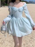 Getadme Long Sleeve Dress Female Blue Sweet A-Line Summer High Waist Vintage Slim Fairy Dress Princess Dress Sundress Beachwear Holiday