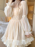 Getadme Lolita Kawaii Princess Dress Women Spring Summer Casual Long Sleeve Short Dress Japanese Square Collar Ruffles Pleated Dresses